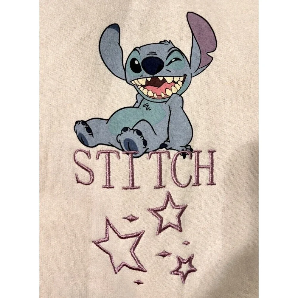 Disney Stitch Baseball Varsity Jacket Size XL Beige Cream Ohana Print - Picture 7 of 8